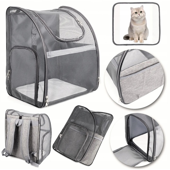 Rucsac transportator pentru pisici si caini mici, Luka, model PROMIS TT10, gri, 34x28x42cm, design ergonomic, material respirabil