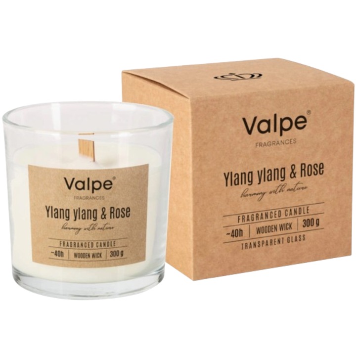 Lumanare parfumata Bispol Ylang Ylang/Trandafir, 40h, sticla, cu fitil din lemn