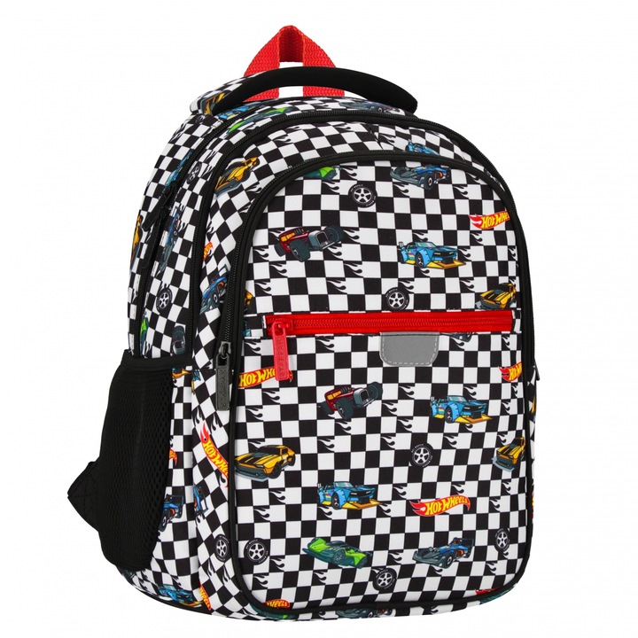 Ghiozdan scolar, Hot Wheels, 2 compartimente, 2 buzunare laterale, alb-negru, 40x29x20cm, 23L