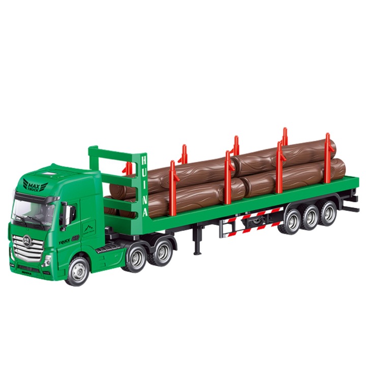 Камион за дървен материал, HUI NA TOYS, 1:50, ръчен, зелен, 29x7.5x14.3 см, с ремарке и трупи