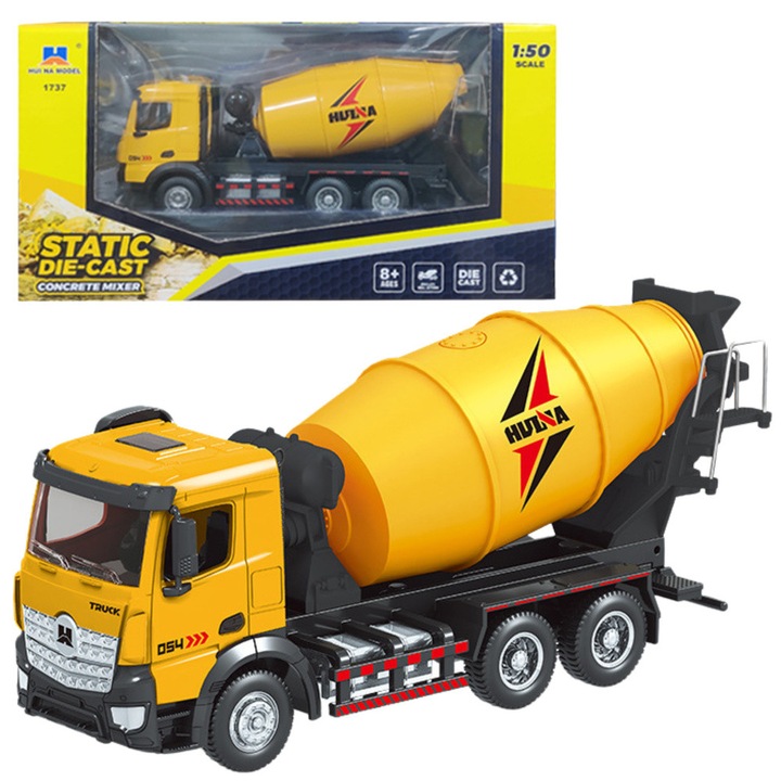 Betoniera metalica de jucarie, HUI NA TOYS, 1:50, galben, 19x5.5x8.5cm