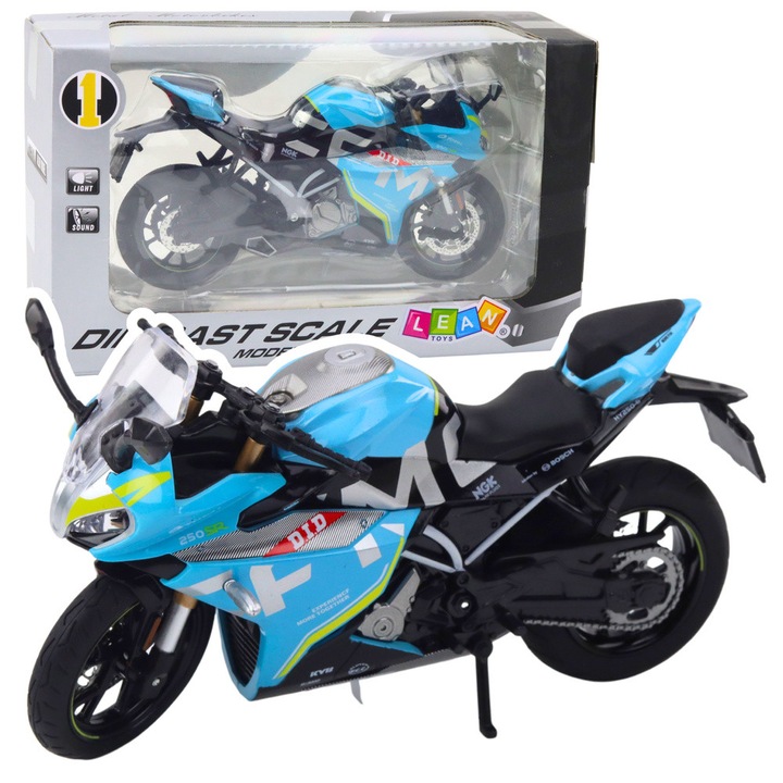Fém játék motorkerékpár, 1:12, fényekkel és hangokkal, kék, 17x6,3x9,3cm, teljes készlet