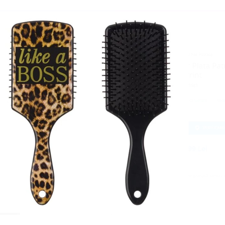 Fekete négyzet alakú lapos hajkefe állatmintás mintával