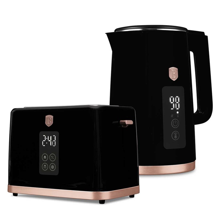 1,7 literes elektromos vízforraló és digitális kenyérpirító szett Berlinger Haus Black Rose, matt fekete, 2200W és 930W