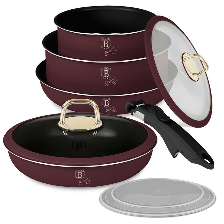 Set de oale si tigai aluminiu cu 3 straturi Titan Pro, Berlinger Haus, 9 piese, culoare bordo
