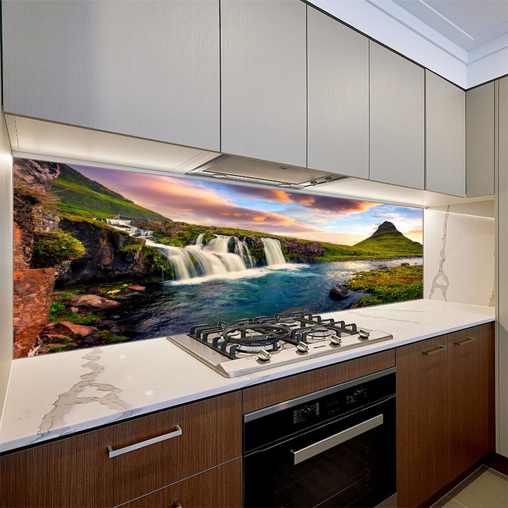 Set 3 piese panou decorativ din sticla securizata pentru bucatarie, protectie aragaz, antistropire, imprimat UV, oct058 225x65cm