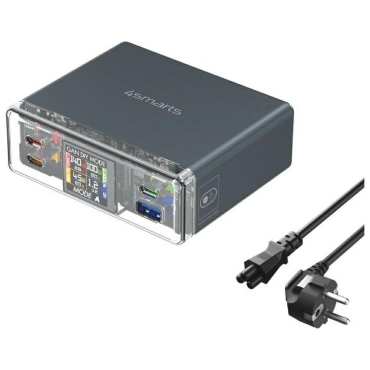 Statie de incarcare, 4smarts Lucid, 300W, 3 porturi USB-C, 1 port USB-A, tehnologie GaN, gri