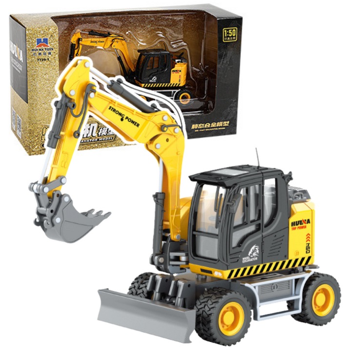 Excavator cu buldozer Huina 1:50, metal, galben-negru, 16,5x6x10cm, set