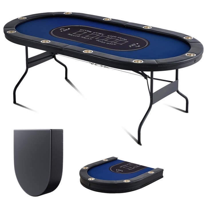 Masa de Poker Pliabila pentru 10 Jucatori, tip Blackjack Texas Holdem, Sine captusite, Suporturi pahare din otel inoxidabil, Design portabil, Lungime 213 cm