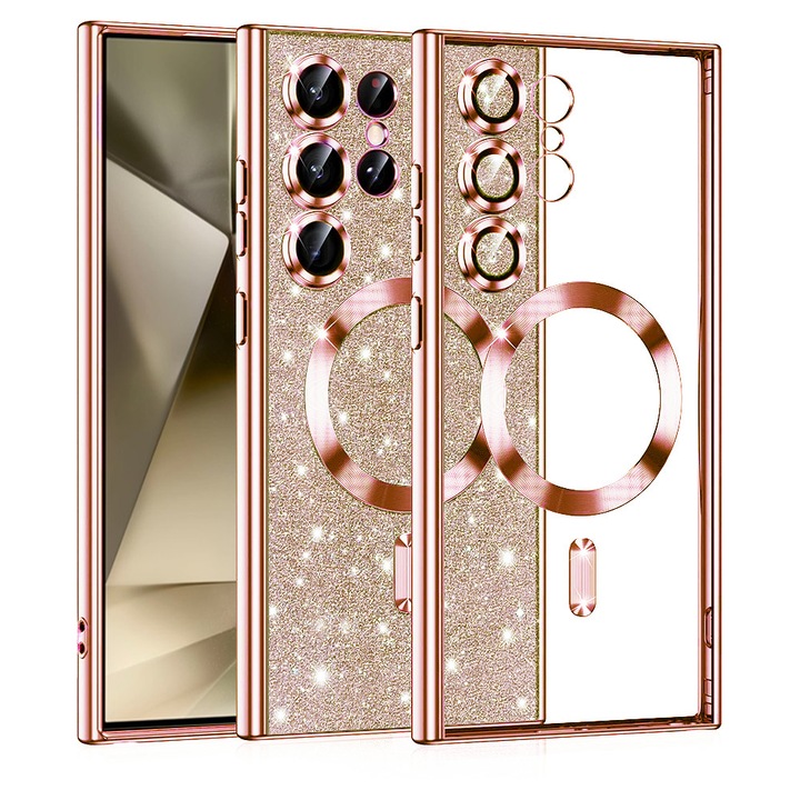 Husa 2in1 Glitter MagSafe pentru Samsung Galaxy S24 Ultra, Protectie completa, Design Trendy Spark, Luxury Perfect Fit, Incarcare Magnetica, Rose gold