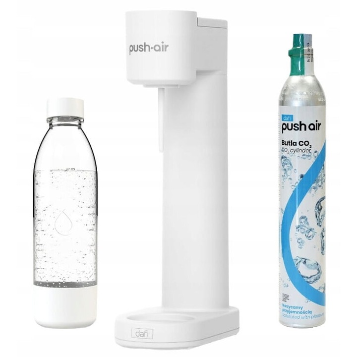 Сатуратор Dafi PushAir с бутилка 0.7л, бяло-сребрист, размери 43х12х23см
