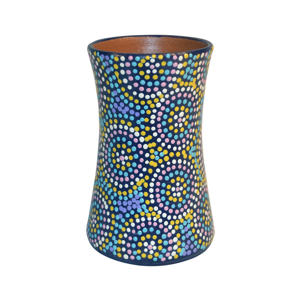 Vaza ceramica impermeabilizata, tip clepsidra, pictata manual si semnata, colectia cercuri pe mov