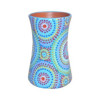 Vaza ceramica impermeabilizata, tip clepsidra, pictata manual si semnata, colectia cercuri pe albastru Vaza ceramica impermeabilizata, tip clepsidra, pictata manual si semnata, colectia cercuri pe albastru