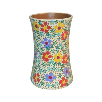 Vaza ceramica impermeabilizata, tip clepsidra, pictata manual si semnata, colectia puncte pe alb Vaza ceramica impermeabilizata, tip clepsidra, pictata manual si semnata, colectia puncte pe alb