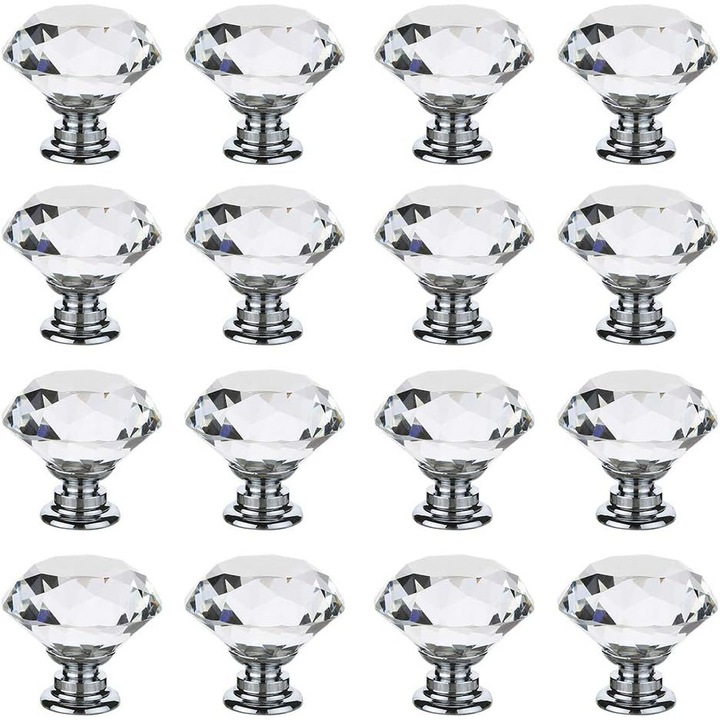 Manere decorative din sticla cristal taiat clar, Enforose, set 16 buc, cromat, 35mm