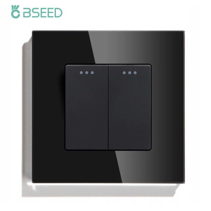 Intrerupator Bseed, dublu, sticla, cu 2 butoane, 86x86x9mm, negru
