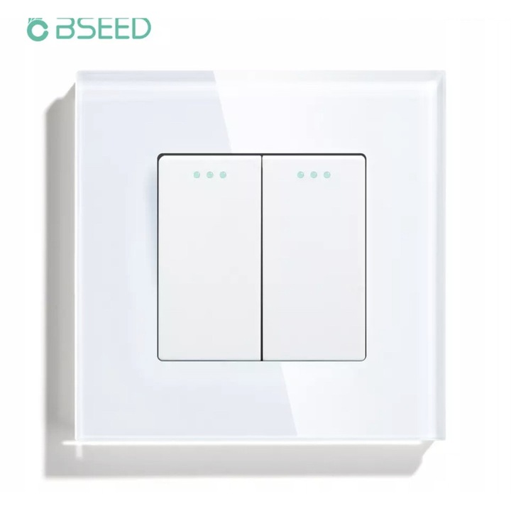 Intrerupator de lumina BSEED, dublu, sticla, alb, 2 butoane, 86x86x9mm