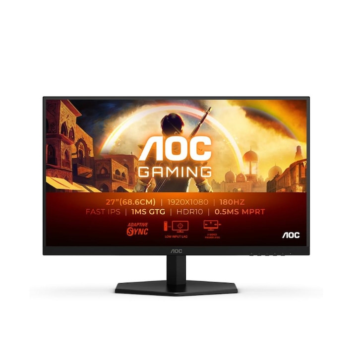 Monitor AOC, 27G42E, 27", WLED, 1920x1080, 180Hz, 1ms GtG, 0,5ms MPRT, 300cd m/2, 1000:1, 80M:1 DCR, adaptív szinkron, FlickerFree, fekete