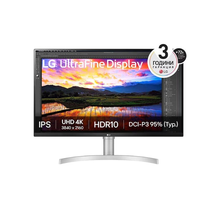 Монитор LG, 32UN650K-W, 31.5" UltraFine, UHD, LED, AG, IPS, DCI-P3 95%, 5ms, 350 cd/m2, 1000:1, 3840x2160, HDR 10, HDMI, DisplayPort, Черен