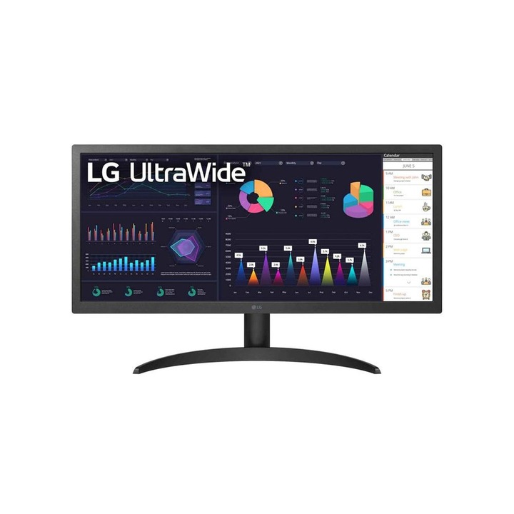 LG monitor, 26WQ500-B, 25,7", UltraWide AG, IPS panel, 1 ms MBR, 5 ms, CR 1000:1, 250 cd/m2, 21:9, 2560x1080, HDR 10, 75 Hz, olvasó mód, fekete