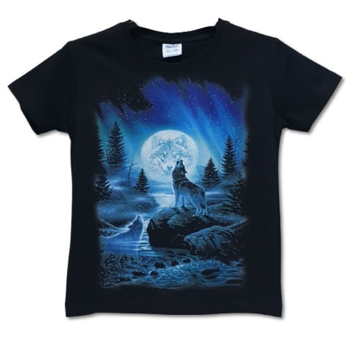 Gyerek Printex póló, Rövid ujjú, Farkas, Telihold, Farkas sorozat, Digitális nyomtatás, Fekete, 110 cm, 4-5 év