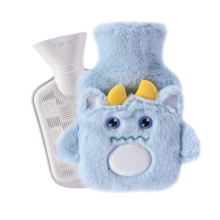 Sticla de apa calda Enforose, cu buzunar, husa pufosa detasabila, cauciuc natural, albastru