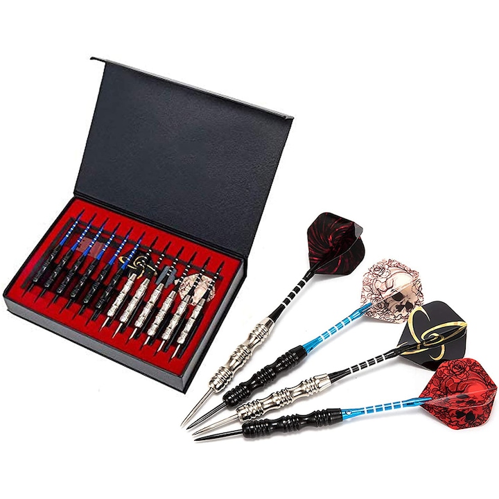 Set de sageti personalizabil, sageti profesionale din metal, butoi din alama de inalta calitate, butoi din fier anti-alunecare, 12 bucati sageti de 22 g, arbori durabil din aluminiu, suruburi suplimentare, ascutitor sageti, cutie cadou