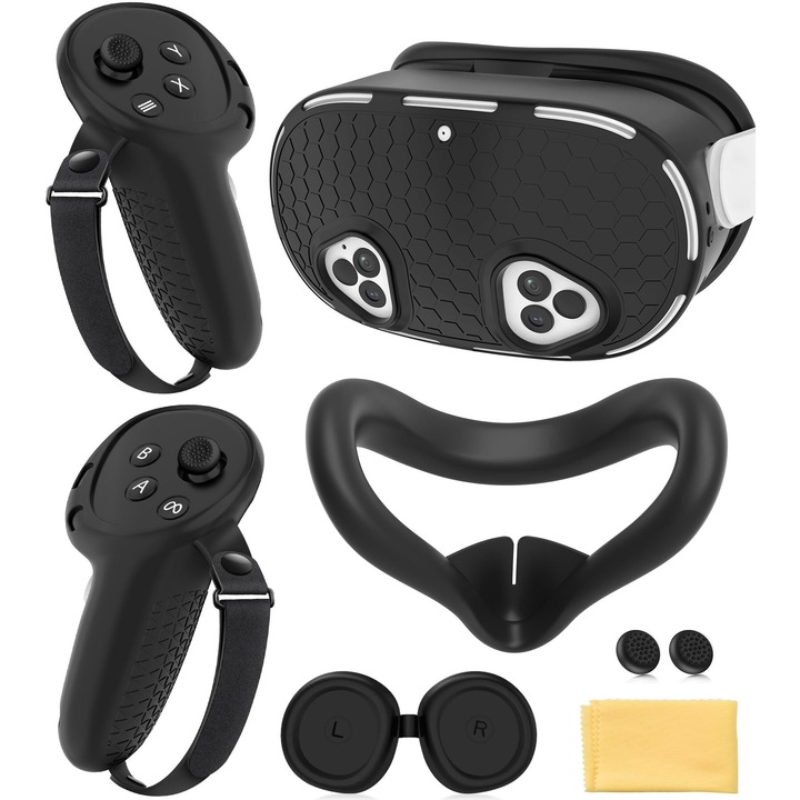 Set huse de protectie din silicon pentru Meta Quest 3S, HNSMART, gripuri pentru controlere, capac pentru fata si lentile, negru