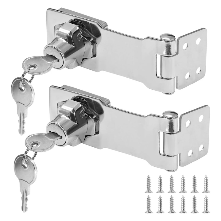 Комплект от 2 ключалки за пощенски кутии, SINBINTA, Мебелна брава, С ключове, 4 инча, Устойчива на износване и корозия, Лесен монтаж, За дървени шкафове, чекмеджета, врати и прозорци, Цинкова сплав/Желязо, 141*40 мм, Светло сребристо