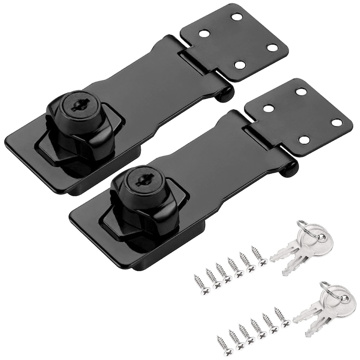 Комплект от 2 ключалки за пощенски кутии, SINBINTA, Мебелна брава, С ключове, 4 инча, Устойчива на износване и корозия, Лесен монтаж, За дървени шкафове, чекмеджета, врати и прозорци, Цинкова сплав/Желязо, 141*40 мм, Гланцово черно