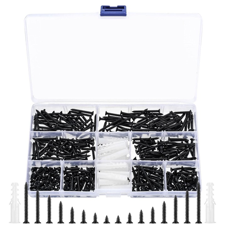 Set 420 de suruburi autofiletante, SINBINTA, Set suruburi autofiletante cu cap inecat in cruce, Cu cutie de depozitare, 8 dimensiuni diferite, Robust si durabil, Usor de transportat, Proiecte DIY si tamplarie profesionala, Otel carbon, Negru