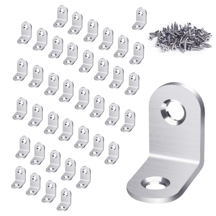 Set 40 bucati coltare metalice pentru lemn, inoxidabile, coltar simplu perforat pentru lemn 20x20x16mm, inox, Argintiu cu 80 suruburi incluses