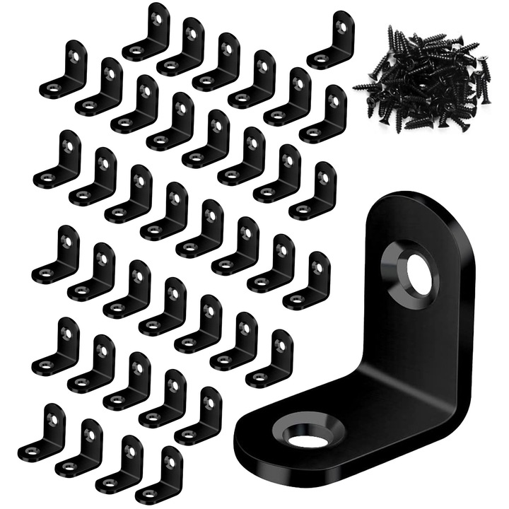 Set 40 bucati coltare metalice pentru lemn, inoxidabile, coltar simplu perforat pentru lemn 20x20x16mm, inox, Argintiu cu 80 suruburi incluses