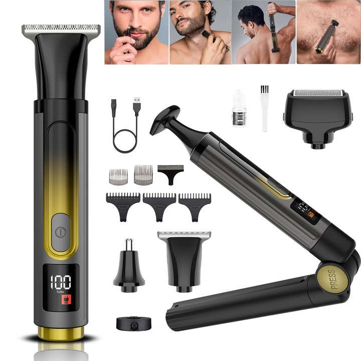 Aparat de ras electric pentru corp, MOSMAOO®, Pentru spate si corp, Cu maner rabatabil telescopic, reglabil la 180°, Utilizare umeda si uscata, Unghi reglabil, IPX6, Ergonomic, Portabil, Auriu Negru