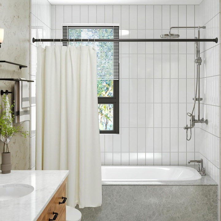 Bara de perdea pentru dus, 1.1m-2m, otel inoxidabil, neagra, set cu 3 bare fixe si 1 bara de tensiune