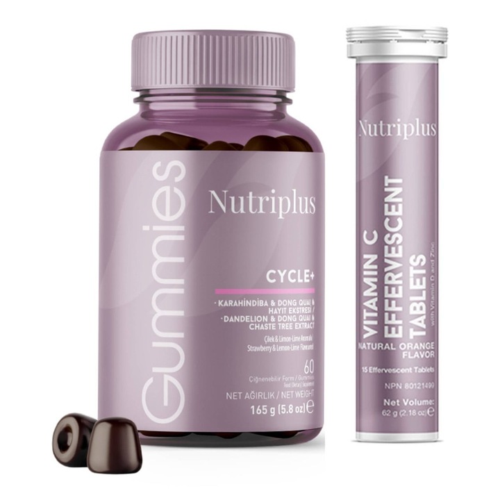 Pachet Echilibru&Energie pentru Femei, Cycle Gummies Nutriplus 60 jeleuri + Vitamina C efervescent Nutriplus 15 tablete, Farmasi