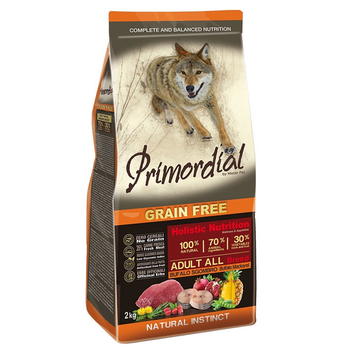 Суха храна за кучета Primordial, Grain Free, Биволско месо и Скумрия, 12 кг