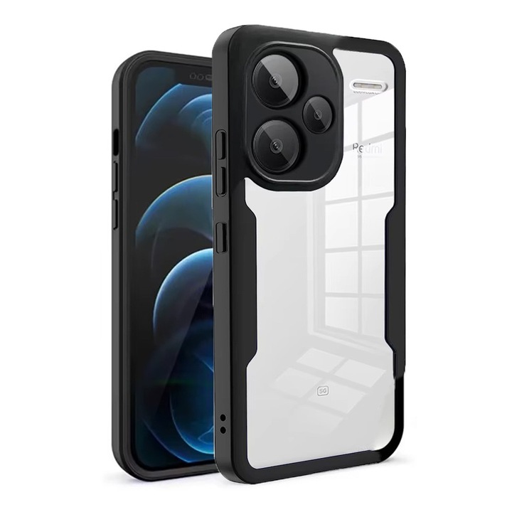360 градусов калъф, съвместим с Xiaomi Redmi Note 13 Pro Plus 5G, с включен протектор за екрана, устойчив на удари, против пожълтяване, против надраскване, издръжлив, 3 mm повдигнати ръбове, черен/прозрачен