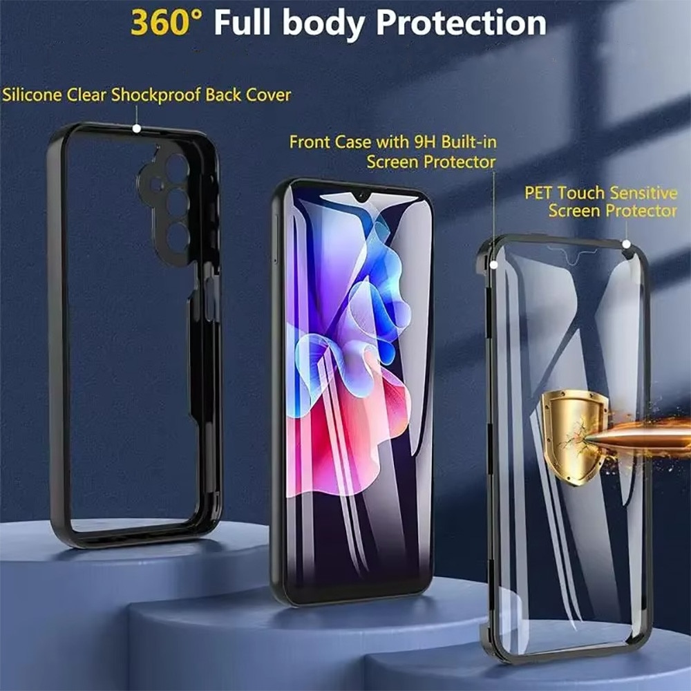 Husa 360 grade compatibila cu Xiaomi Redmi Note 13 Pro Plus 5G, Cu protector de ecran inclus, Rezistenta la socuri, Anti-ingalbenire, Anti-zgarieturi, Durabila, Margini inaltate de 3mm, Negru/Transparent