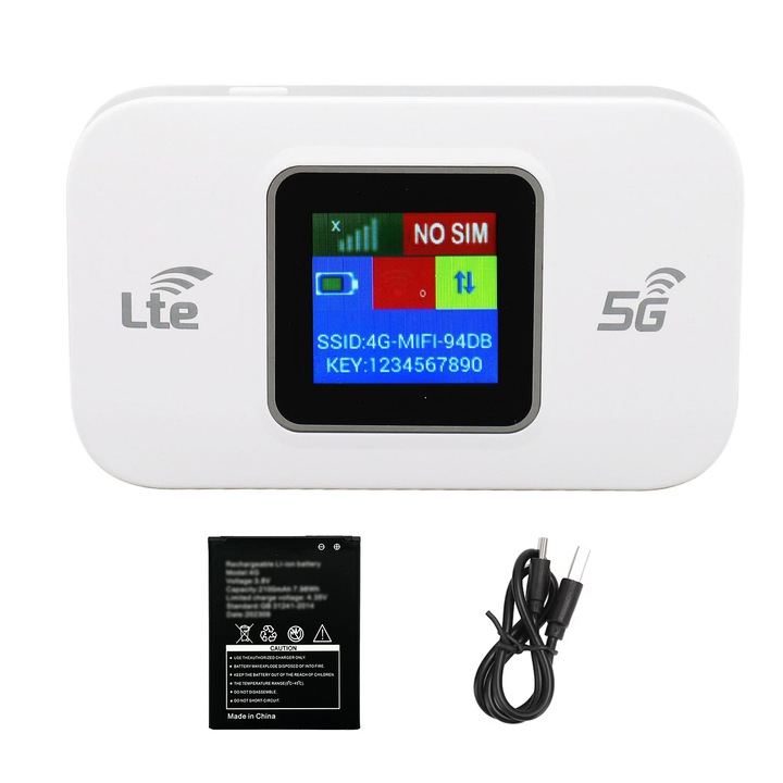 4G LTE zseb WIFI modem, Fudisenn®, 150Mbs, 2.4G, 3000mAh, LCD kijelző, C típusú, SIM-kártyahely, Plug and Play, egygombos bekapcsolás, WPA / WPA2 titkosítás támogatása, több csatlakozási lehetőség, hordozható, fehér