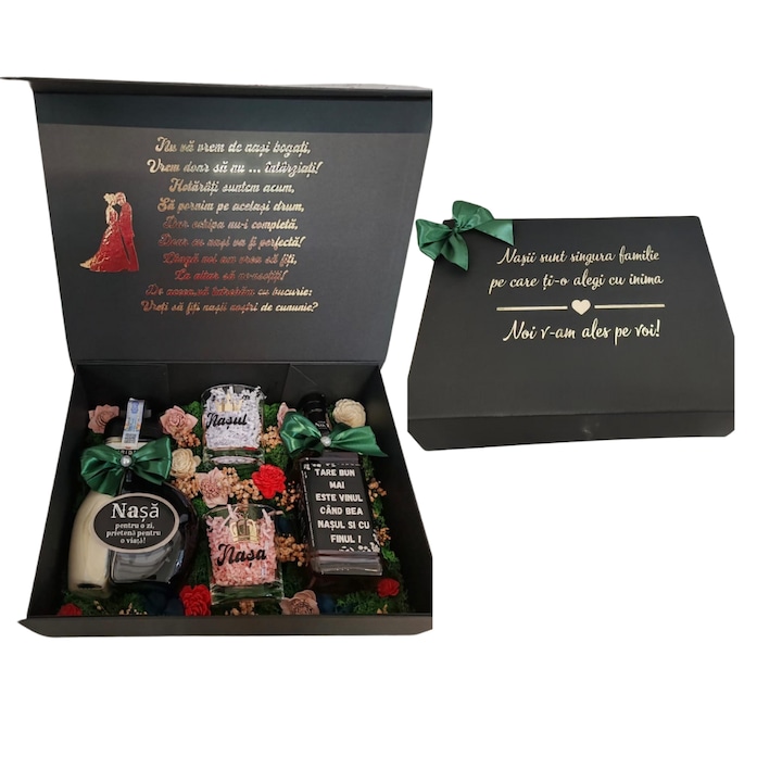 Set cerere nasi in cutie premium, sticla Jack Daniels, sticla Sheridans, 2 pahare, decorata cu licheni, flori uscate si criogenate