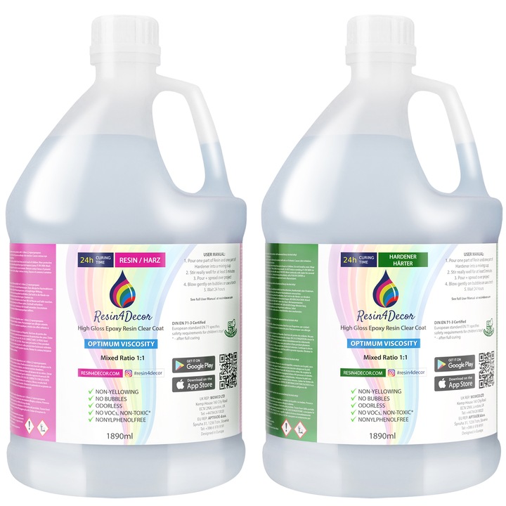 Set rasina epoxidica RESIN4DECOR 1:1 – Rasina turnabila clara ca cristalul, adeziv pentru artizanat, bijuterii, turnare in forme – Fara ingalbenire, netoxica, timp de intarire 24 de ore, fara miros – Rasina de laminare – 3780ml