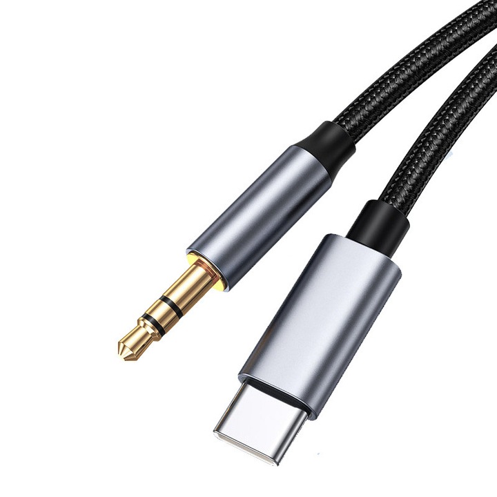 Cablu audio adaptor, USB Type-C la Aux Jack 3.5mm, Tesatura, 2 m, Gri