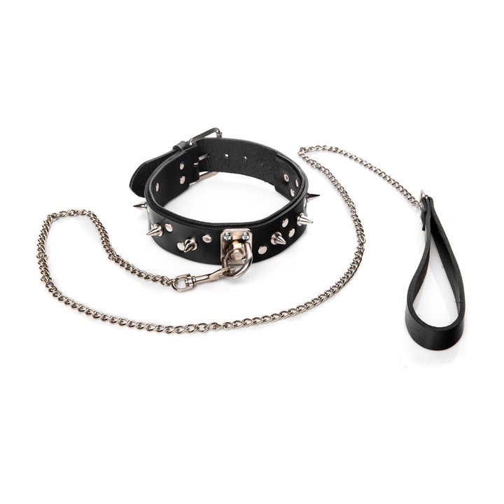 Bondage nyakörv, bőr, férfiaknak, ostorral, 42-50 cm állítható, 120 cm hosszú