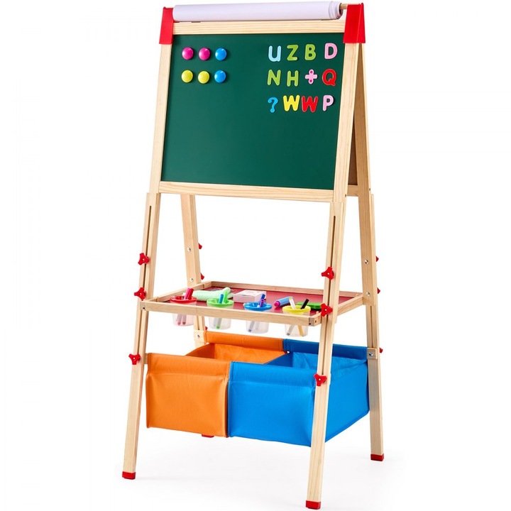 Tabla de desen magnetica pentru copii, cu 2 fete pentru marker si creta, spatii de depozitare, 39 x 137 cm, include accesorii