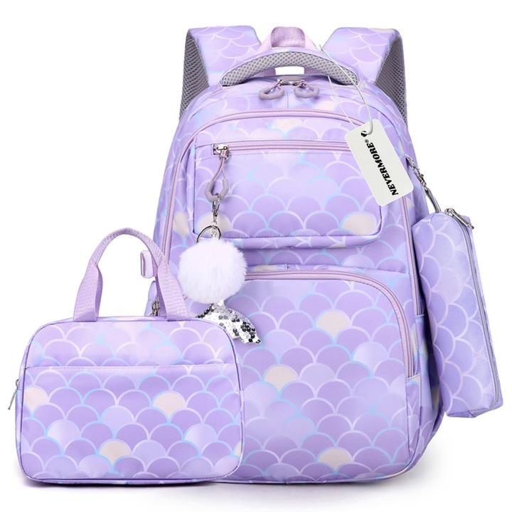 Set ghiozdan scoala 3 piese, Penar si Geanta, NEVERMORE, Rezistent la apa, protectie spate, 46 x 32 x 20 cm, Mov