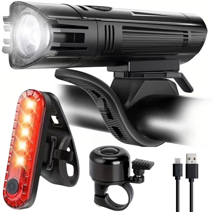 Set Lanterna LED Kibra™ – Far Frontal si Stop Spate Reincarcabil cu Acumulator si Sonerie, Perfect pentru Ciclism in Siguranta