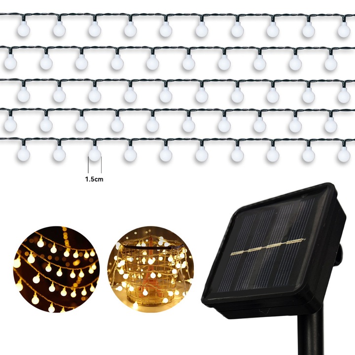 Ghirlanda solara de exterior, lungime 7 m, 50 LED-uri, material mat, 8 moduri de iluminare, rezistenta la apa, vine cu kit de instalare