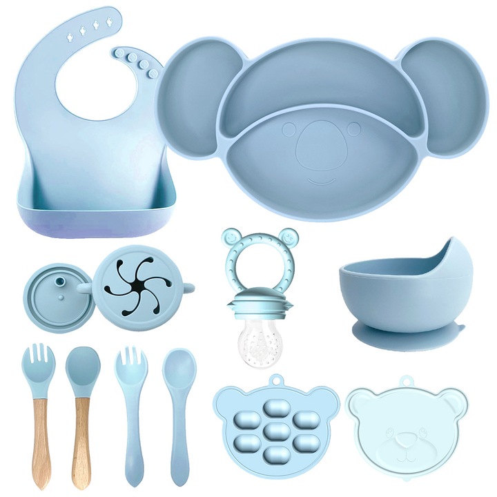 Set 10 piese hranire bebelusi, Momcbebe, silicon, bol cu ventuza, biberon cu pai, bavetica, linguri si furculite, albastru