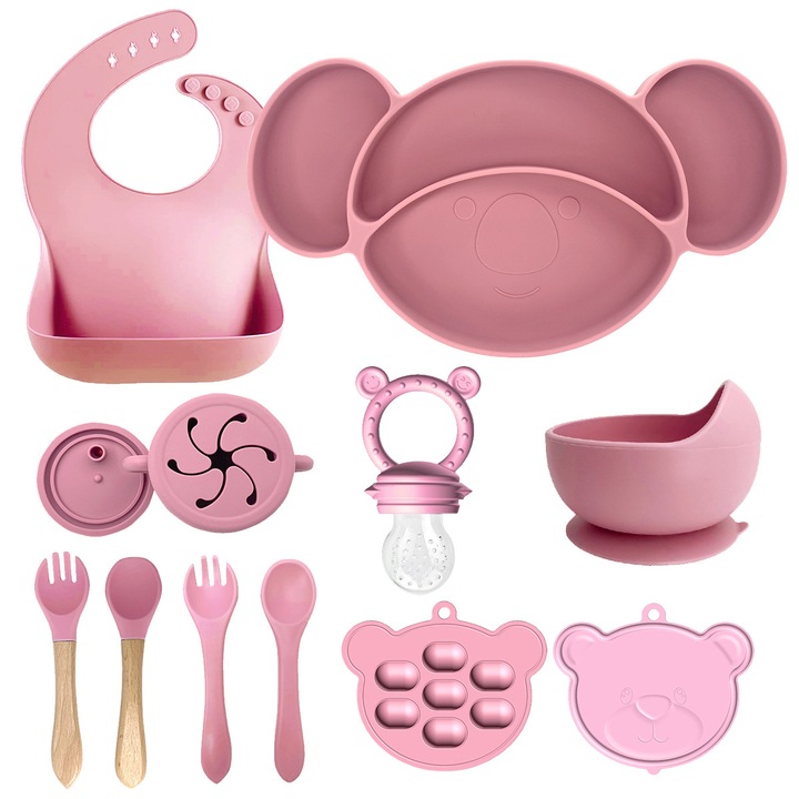 Set 10 piese hranire bebelusi, Momcbebe, silicon, bol cu ventuza, biberon cu pai, bavetica, linguri si furculite, BPA free, Materialul moale si durabil, Usor de curatat, roz